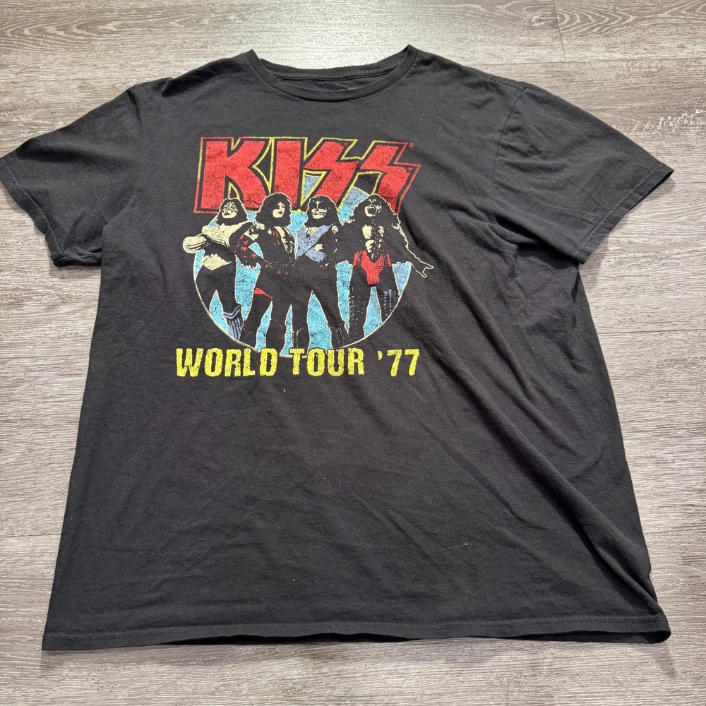 Kiss World Tour 77 Shirt Adult Large Gray Graphic Tee Crew Neck Band Tee‎ Adult